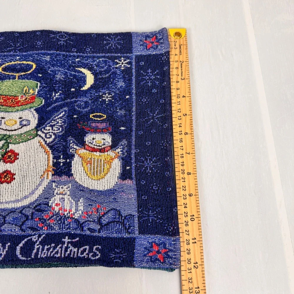 Table Runner Christmas Blue Woven Tapestry Snowman Holiday Decor 72 Inch